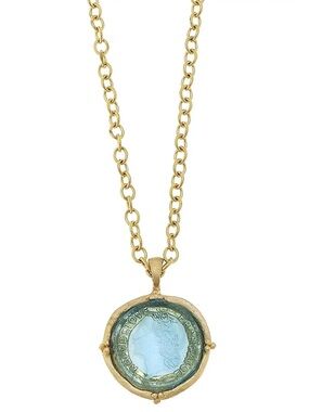 Gold Chain Necklace with Aqua Coin Pendant - Women Jewelry